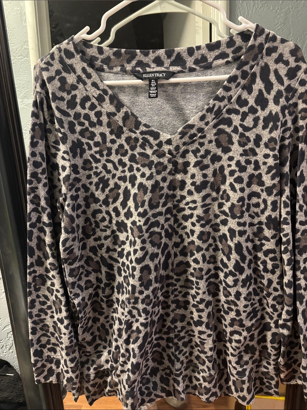 Ellen Tracy Gray and Black Leopard Print V-Neck Top